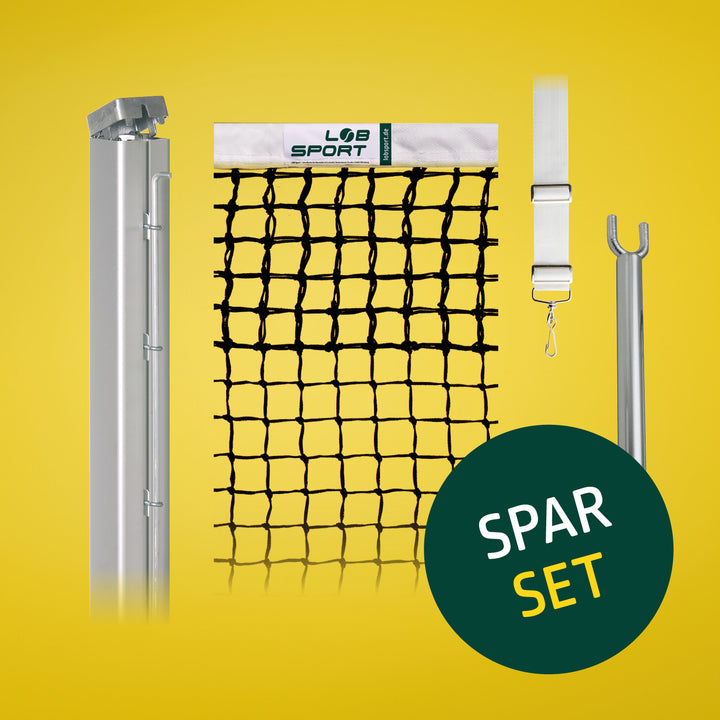 Spar-Set 1: Tennispfosten quadratisch, Tennisnetz Wimbledon, Singlestangen, Gurtband Metallschiebeschnalle